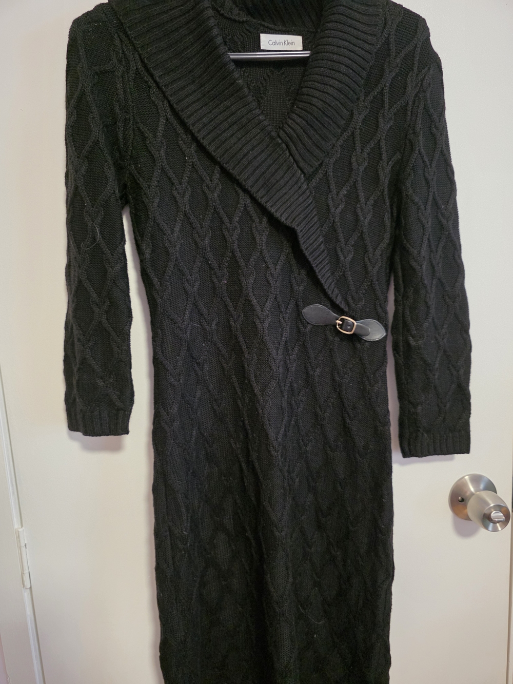 Calvin Klein Black Cable-Knit Wrap Dress with Buckle